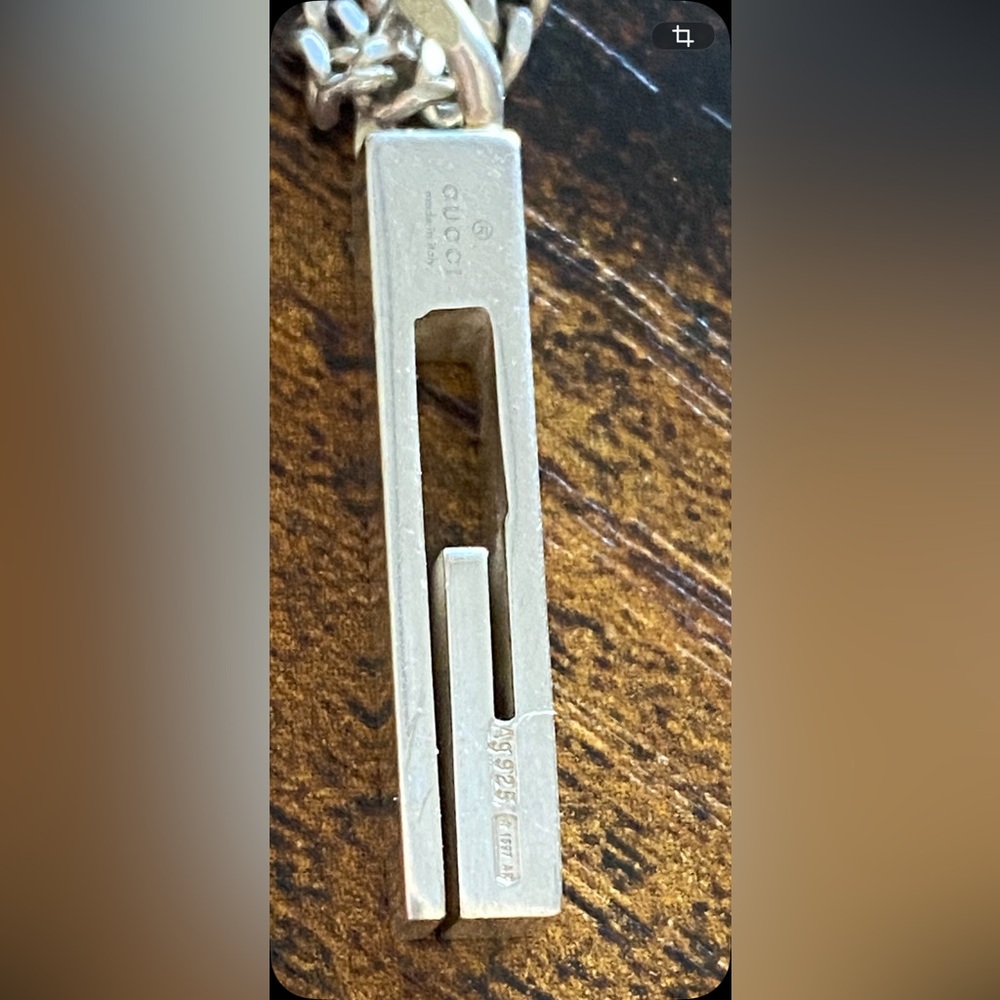 SOLD! Unisex Gucci “G” Bar Pendant in Ag S925 Necklace with Cuban chain